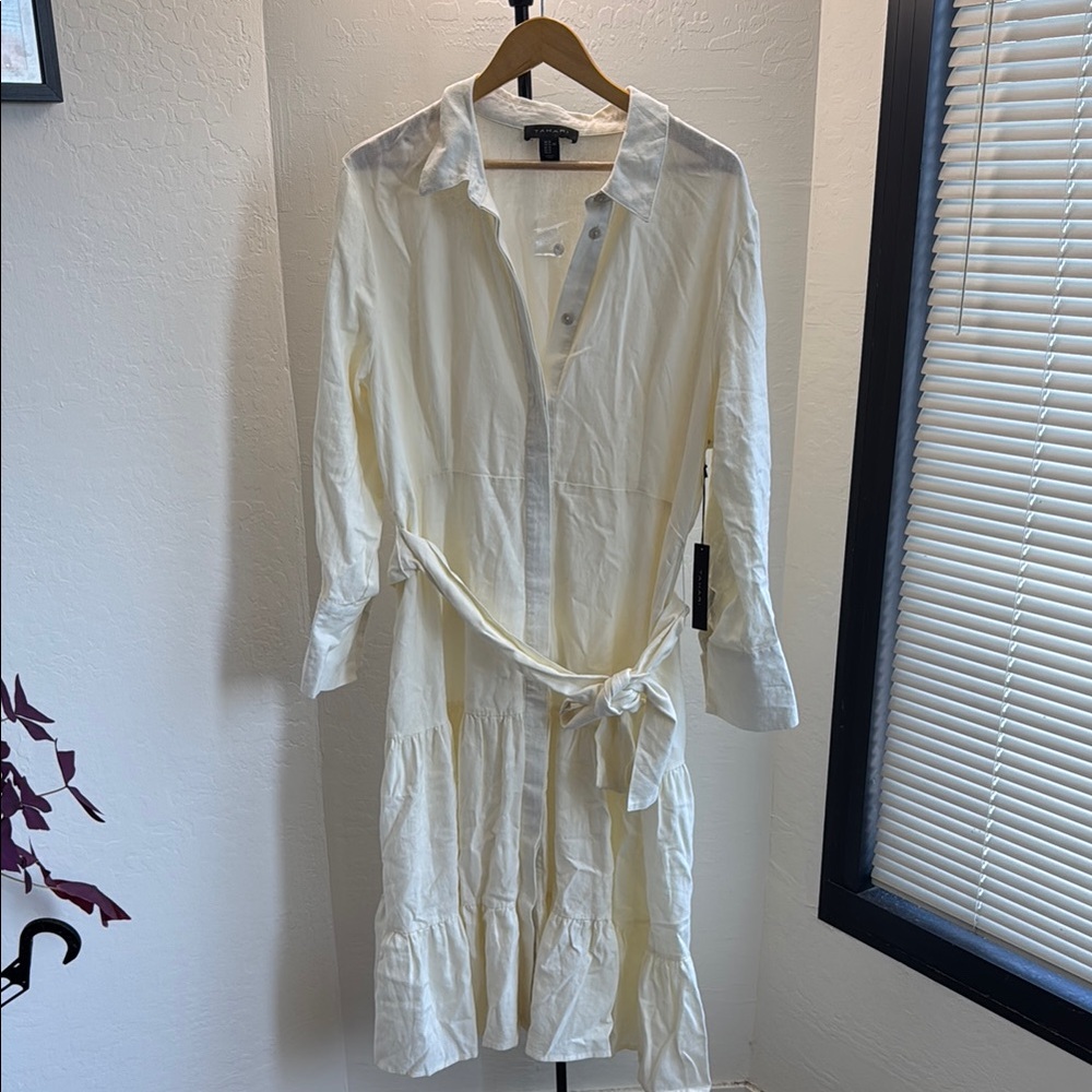 Tahari White Ruffled Long Sleeve Shirt Dress